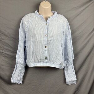 Rachel Zoe Women’s Long Sleeve Linen Blue & White Striped Button Shirt Size L